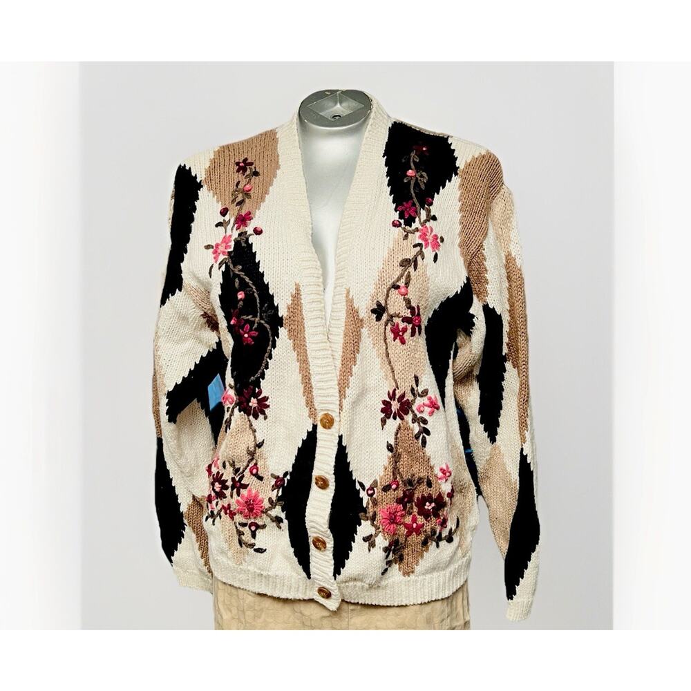 Vintage Cottage Floral V-Neck Cardigan Milano D.G. Natural Ramie/Cotton - L